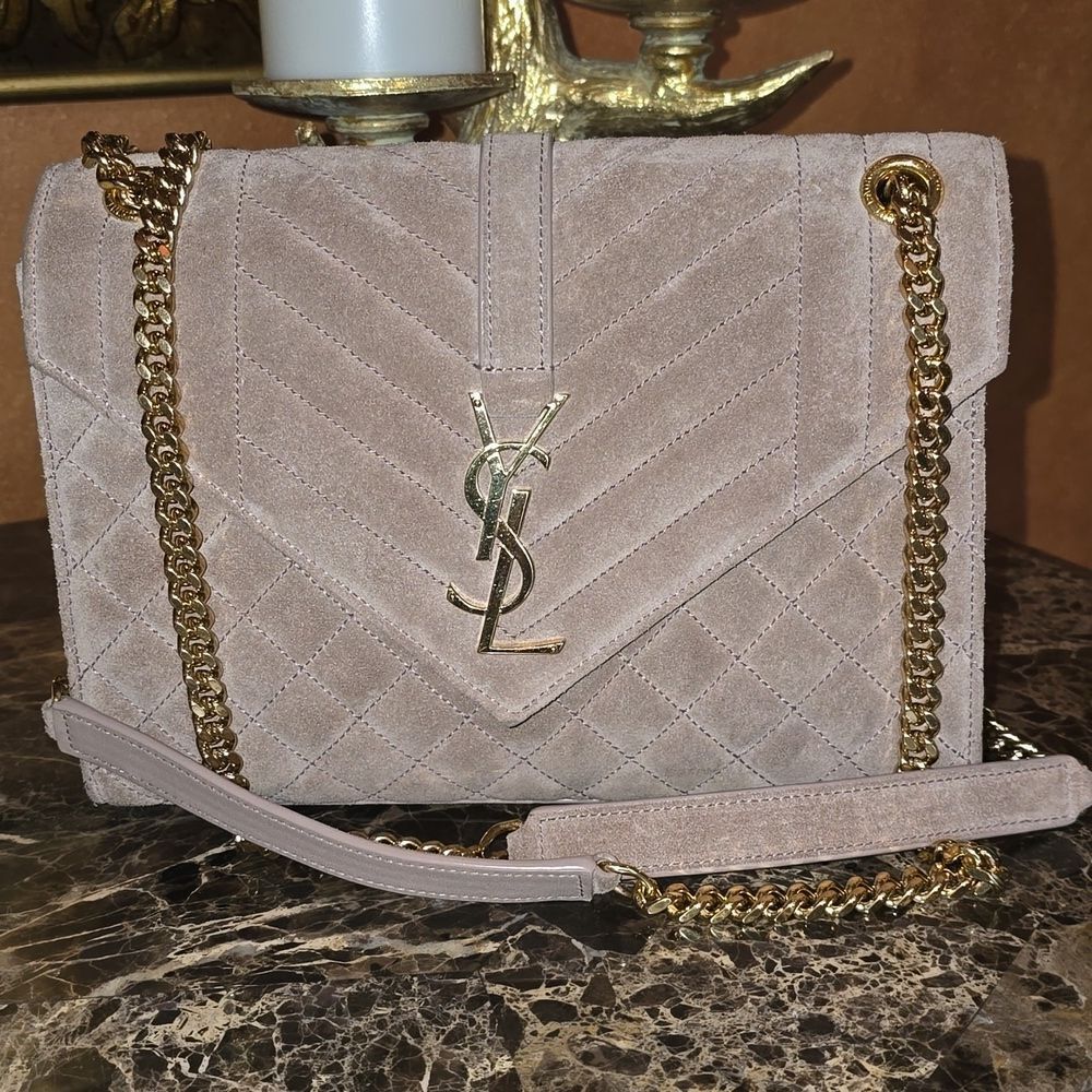 Yves Saint Laurent Tan Quilted Suede Crossbody Envelope Bag, NWOT